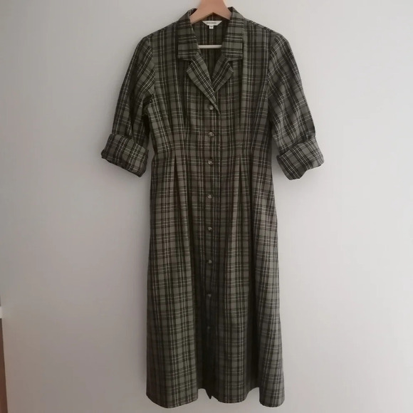 Moussy Waist Tuck Green Plaid Midi Shirt Dress Pleated with Pockets 1 or Small - Picture 5 of 17